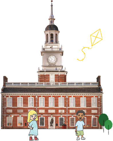 Two cartoon students stand in front of a realistic image of Independence Hall with a cartoon kite flying behind it.