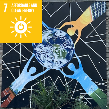SDG 7 mural, Affordable and Clearn Energy; painted by Eliza Nobles.