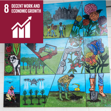 SDG 8 mural, Decent Work and Economic Growth, painted by Faysal Adger.