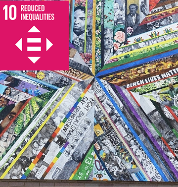 SDG 10 mural, Reduced Inequalities; painted by Mat Tomezsko