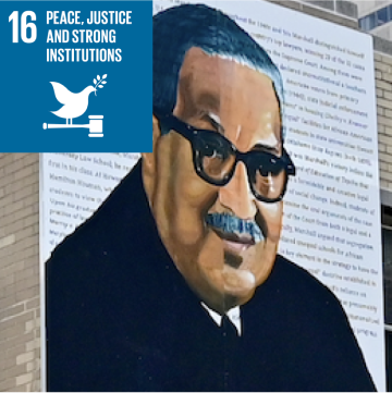 SDG 16 mural, Peace, Justice, and Strong Institutions; painted by Russell Craig.