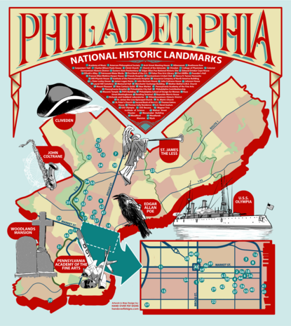 a map of the Philadelphia with the National Historic Landmarks marked and various icons related to the landmarks displayed on a illustrated map